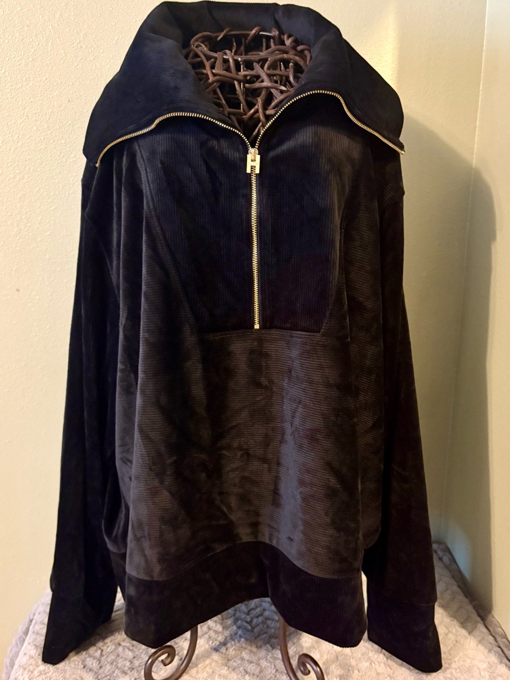 H by Halston Black Corduroy Zip-Front Bomber Pullover